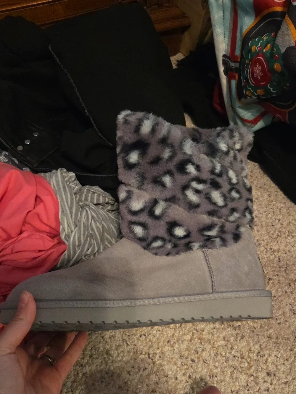 Koolaburra Gray Suede Ankle Boot with Leopard Faux Fur Cuff